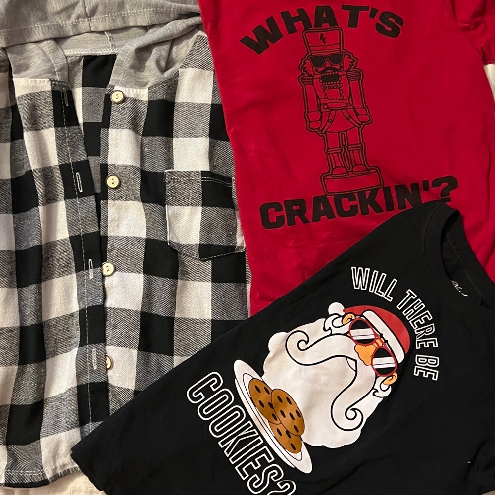 Set of Kids Christmas Shirts - Buffalo Plaid Flannel, Black and Red T-Shirts